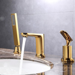 Robinet lavabo - Avec spray démontable/Séparé, Chrome/Plaqué, Diffusion large, Mitigeur Trois trous pour salle de bain