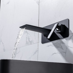 Robinet de lavabo de salle de bain mural en laiton, finitions peintes en cascade noire/argentée, robinets de bain avec interrupteur chaud et froid