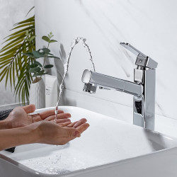 Robinet de lavabo de salle de bain - Douchette extractible, Jeu central électrolytique, Mitigeur monotrou pour salle de bain avec tuyau froid et chaud