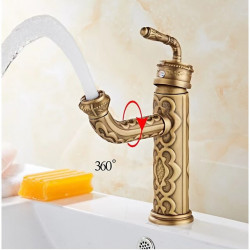 Robinet mitigeur d'évier de salle de bain vintage - Monobloc rétro à bec pivotant 360, robinet d'eau antique à poignée unique monté sur pont avec tuyau chaud et froid