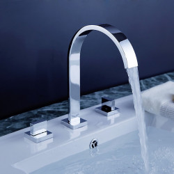 Robinet pour lavabo de salle de bain - Rotatif/Répandu/Cascade chrome, monté sur le pont, mélangeurs trois trous pour salle de...