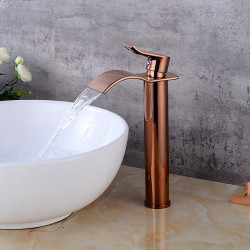 Robinet d'évier de bain en laiton avec drain - Cascade grand or rose, centerset mitigeur un trou pour bain avec eau chaude et froide