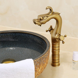 Mitigeur de lavabo de salle de bain vintage - Ensemble central en laiton antique classique pour robinets de lavabo mono avec tuyau d'eau chaude et froide