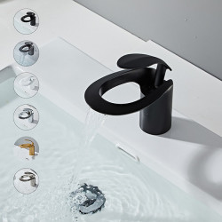 Mitigeur de lavabo pour évier de salle de bain - Cascade en laiton noir mat répandu, mitigeur monotrou pour robinet de lavabo...