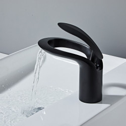 Mitigeur de lavabo pour évier de salle de bain - Cascade en laiton noir mat répandu, mitigeur monotrou pour robinet de lavabo avec interrupteur chaud et froid chrome blanc