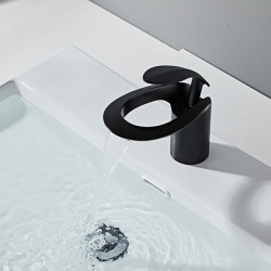 Mitigeur de lavabo pour évier de salle de bain - Cascade en laiton noir mat répandu, mitigeur monotrou pour robinet de lavabo avec interrupteur chaud et froid chrome blanc