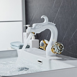 Robinet de lavabo de salle de bain - Poignée en cristal en forme de dragon en laiton antique à mélangeurs, robinet de bain à un trou avec prise et interrupteur chaud