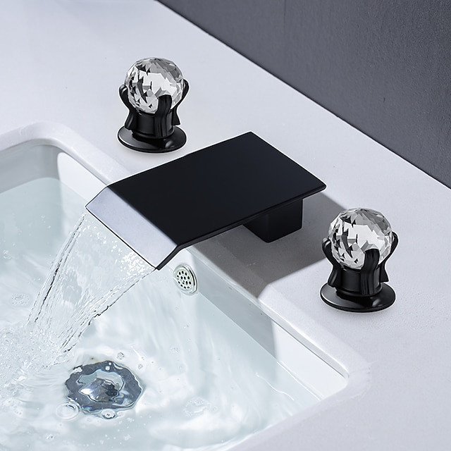 Robinet de lavabo de salle de bain avec mélangeurs en cristal cascade noir mat/chrome monté sur le pont robinets de salle de bain 3 trous répandus pour baignoire ou lavabo