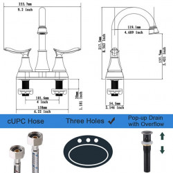 Robinet de lavabo de salle de bain à 2 poignées de 4 pouces en bronze huilé avec drain escamotable et tuyaux d'alimentation inclus