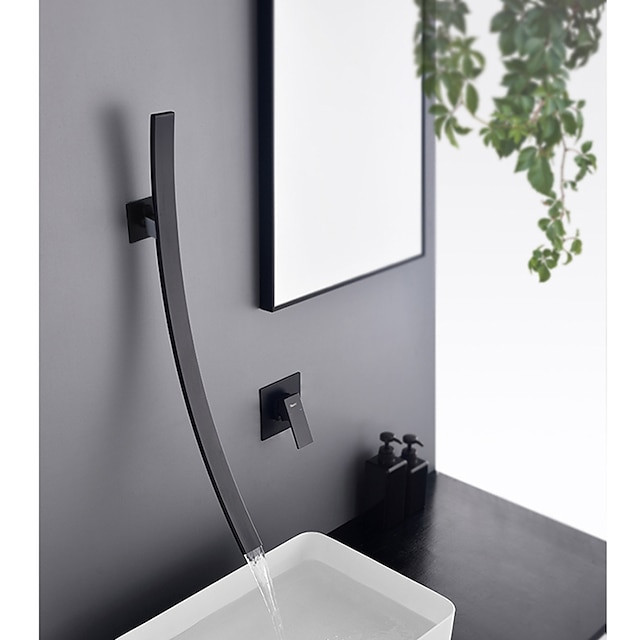 Robinet de lavabo de salle de bain mural, nouveau design cascade noir mitigeur à deux trous avec grande sortie et interrupteur réglable de débit et chaud/froid