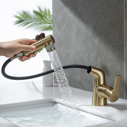 Robinet mitigeur d'évier de salle de bain extractible en laiton, 2 modes de débit d'eau avec bec rotatif pour robinet d'eau de salle de bain à poignée unique avec tuyau d'eau chaude froide