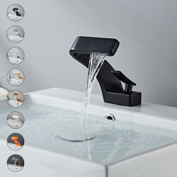 Mitigeur d'évier de salle de bain, robinets de lavabo à cascade courbée en forme de 7, à poignée unique avec tuyau d'eau chaude et froide