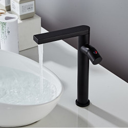 Mitigeur de lavabo noir en laiton avec bec cascade LED, design haut de gamme pour salle de bain