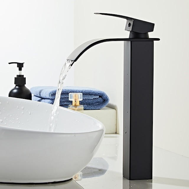 Robinet de lavabo de salle de bains Noir pour Navire, Ensemble Central de Cascade, Un Trou avec Poignée Unique en Acier Inoxydable