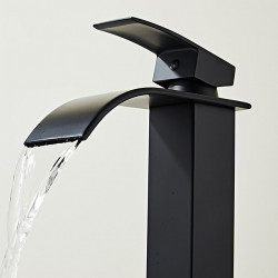 Robinet de lavabo de salle de bains Noir pour Navire, Ensemble Central de Cascade, Un Trou avec Poignée Unique en Acier Inoxydable