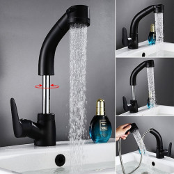 Robinet de lavabo de salle de bain noir mat, bec rétractable et corps relevable