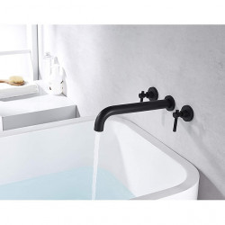 Robinet de Lavabo Utilitaire Minimaliste Chromé/Noir, Bec Long, à Trois Trous avec Interrupteur d'Eau Chaude et Froide