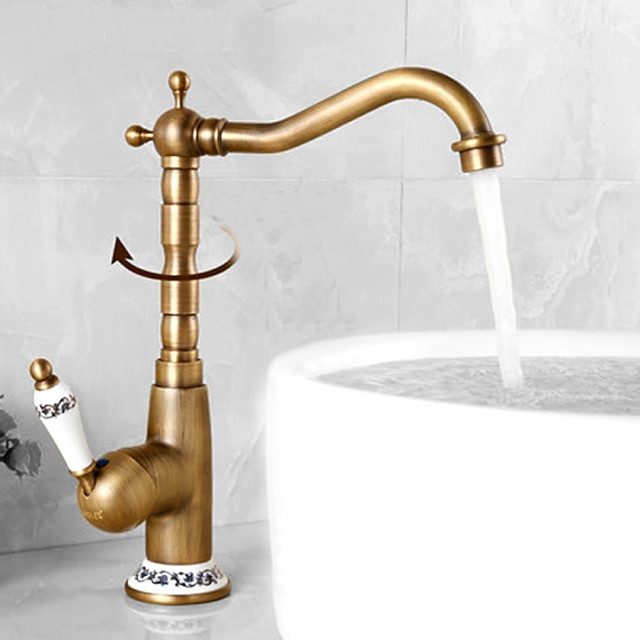 Robinet de Lavabo Utilitaire de Luxe de Style Rétro, Ensemble Central à Arc Élevé et Une Poignée en Céramique, Un Trou avec Interrupteur d'Eau Chaude et Froide, Robinet Commercial de Remplissage