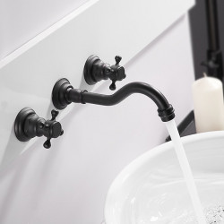 Robinet Noir de Blanchisserie pour Évier Utilitaire Classique, Trois Trous à Montage Mural avec Tuyaux d'Eau Chaude et Froide, Robinet Commercial de Remplissage de Pot