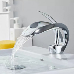 Robinet de Lavabo de Salle de Bain Cascade, à Un Trou Incurvé à Poignée Unique avec Interrupteur d'Eau Chaude et Froide, Valve en Céramique à l'Intérieur