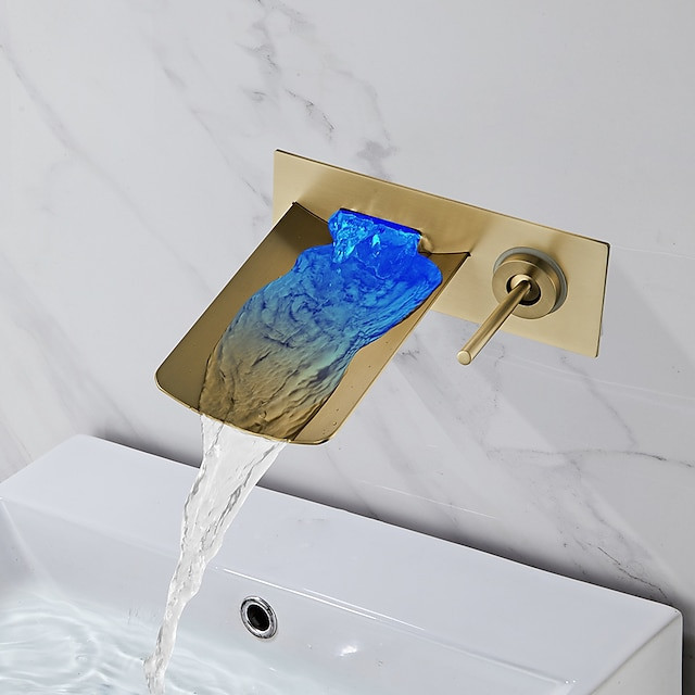 Robinet évier de salle de bain LED avec bec cascade, montage mural en laiton