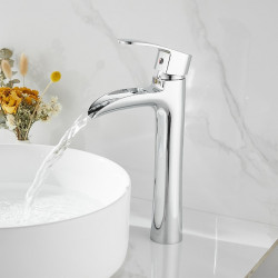 Mitigeur de lavabo cascade en laiton chromé, design haut de gamme avec tuyau d'eau chaude et froide