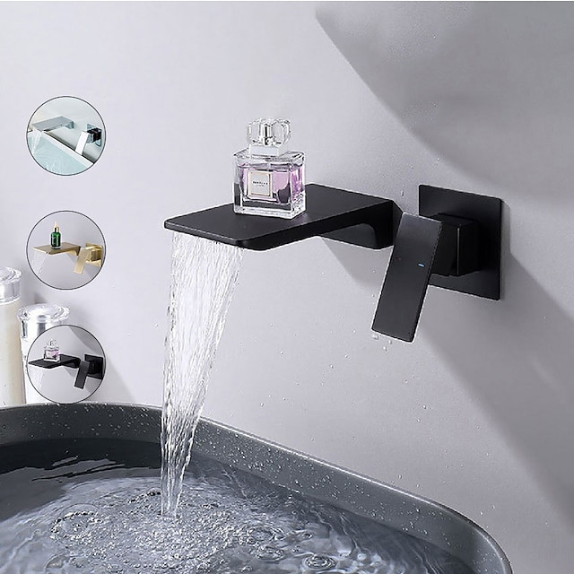 Robinet mitigeur de lavabo mural en laiton massif noir mat, design moderne avec bec en verre