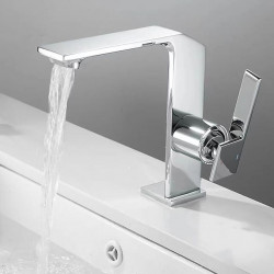 Mitigeur de lavabo cascade en laiton, design élégant avec tuyau d'eau chaude et froide, bec cascade en laiton chromé