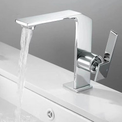 Mitigeur de lavabo cascade en laiton, design moderne avec tuyau d'eau chaude et froide, bec cascade en laiton chromé