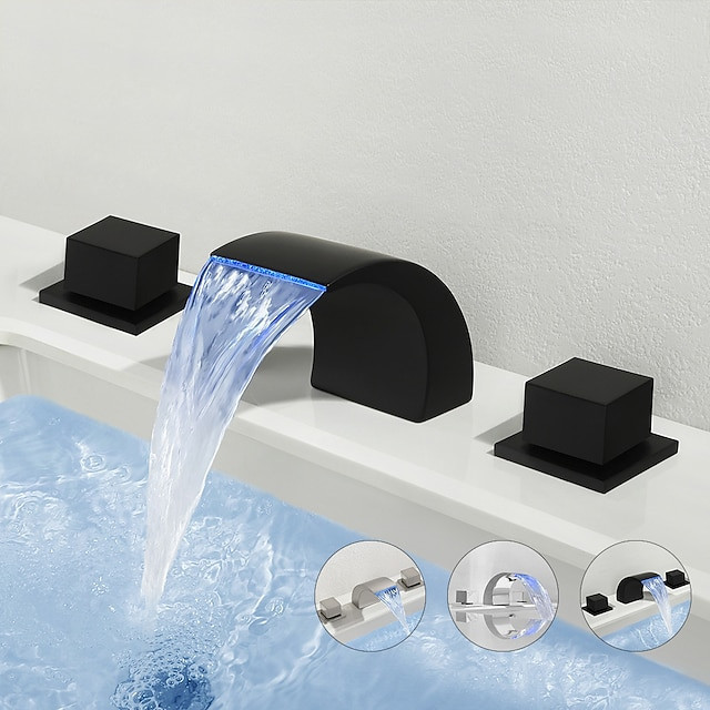 Cascade lumineuse LED pour robinet de lavabo en laiton, design moderne à deux poignées et trois trous, robinet monté sur le pont