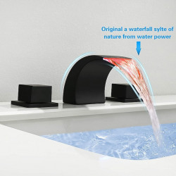 Cascade lumineuse LED pour robinet de lavabo en laiton, design moderne à deux poignées et trois trous, robinet monté sur le pont