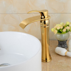 Robinet de lavabo en laiton avec cascade et finition ti-pvd, design contemporain à un trou pour eau chaude et froide