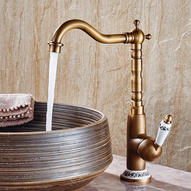 Robinet de lavabo en laiton antique, design rétro avec poignée en céramique, interrupteur chaud et froid, installation à un trou