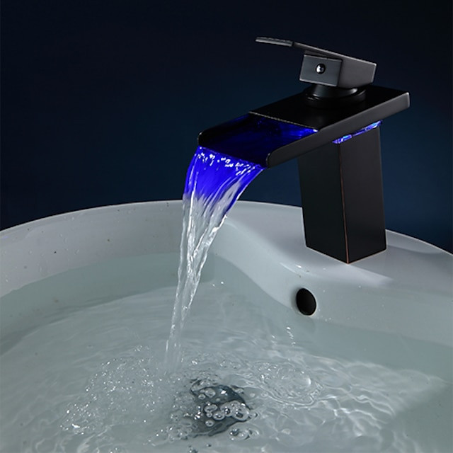 Robinet d'évier de salle de bain en laiton, cascade en bronze huilé, design à poignée unique, avec source LED, valve en céramique