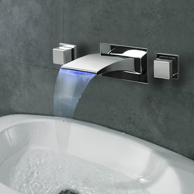 Robinet de lavabo mural en laiton avec cascade LED, débit d'eau réglable, à trois trous, interrupteur chaud et froid