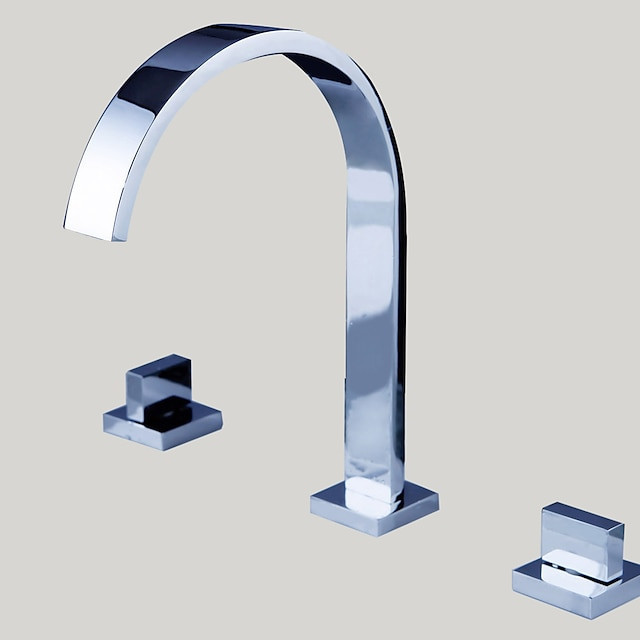 Robinet d'évier de salle de bain en cuivre, design répandu en chrome, à trois trous, avec interrupteur chaud et froid