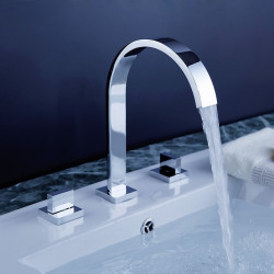 Robinet d'évier de salle de bain en cuivre, design répandu en chrome, à trois trous, avec interrupteur chaud et froid