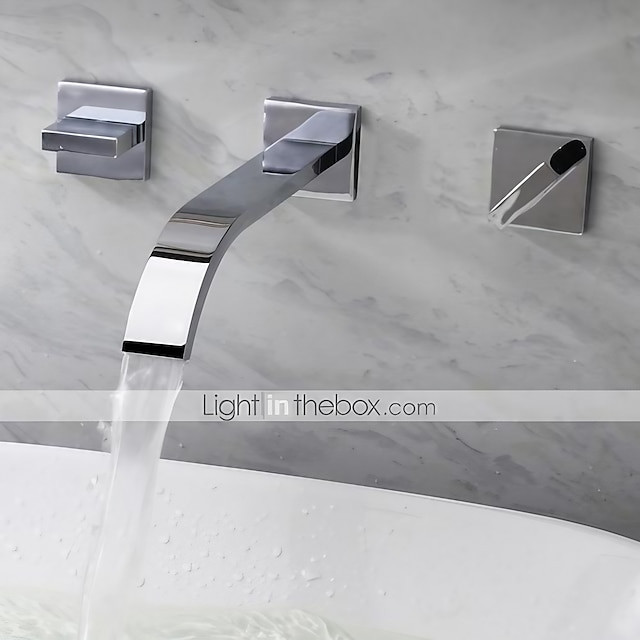 Robinet de lavabo de salle de bain mural argenté, design répandu en chrome à trois trous pour mélangeurs de bain avec eau chaude et froide