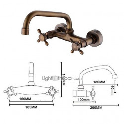 Mitigeur lavabo mural en laiton répandu avec 3 trous et 2 poignées, design vintage pour salle de bain avec tuyau eau chaude et froide