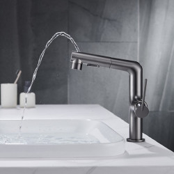 Robinet lavabo rétractable avec spray démontable, plaqué et finitions peintes, set de centre mitigeur à un trou pour salle de bain en laiton