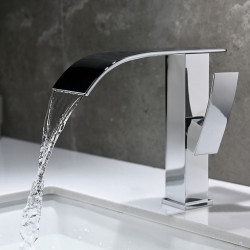 Robinet de bassin moderne en cuivre chromé, pour évier de salle de bain à un trou avec interrupteur chaud et froid, style cascade