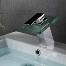 Robinet de lavabo de salle de bain à LED, cascade en laiton avec bec en verre à 3 couleurs, contrôle de température, finition chromée contemporaine, poignée unique à un trou avec interrupteur chaud et froid