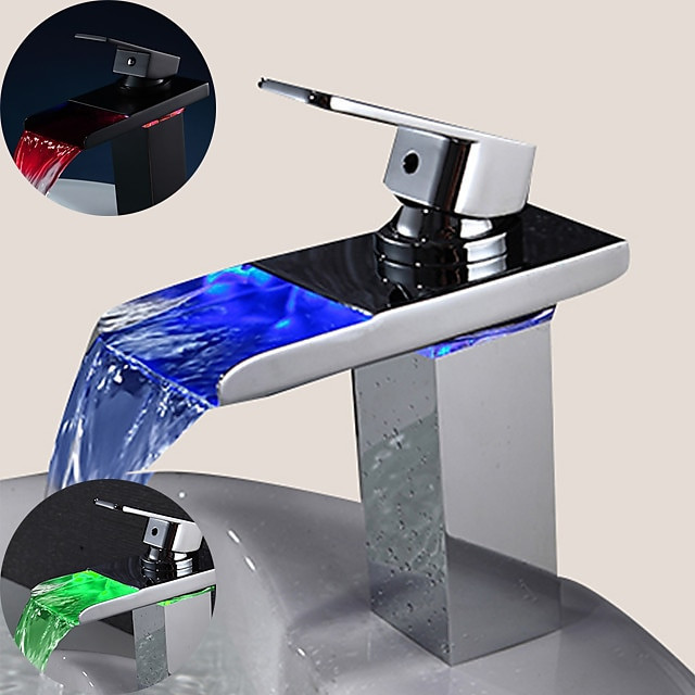 Robinet élégant à bec cascade avec éclairage LED pour lavabo de salle de bain