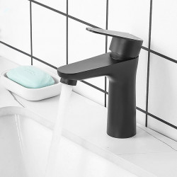 Robinet de lavabo de salle de bain en acier inoxydable noir mat/nickel brossé à un trou avec interrupteur chaud et froid