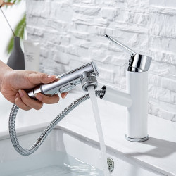 Mitigeur évier salle de bain avec pulvérisateur extractible, bec à 2 modes avec bouton d'arrêt, mitigeur lavabo monocommande mono avec tuyau chaud et froid en chrome/noir/doré