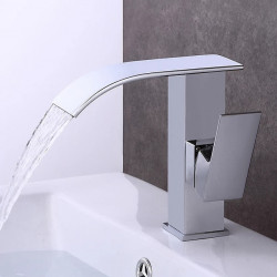 Robinet de lavabo de salle de bain cascade en laiton de style moderne, robinets de bain monotrou galvanisés au chrome blanc...