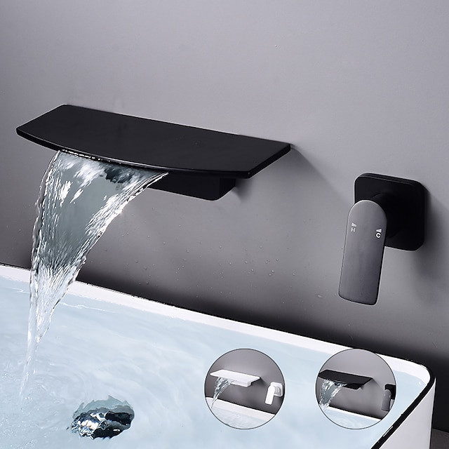 Robinet mitigeur mural pour évier de salle de bain en laiton, robinets de lavabo cascade, robinet mural monocommande monotrou avec tuyau d'eau chaud et froide noir blanc galvanisé