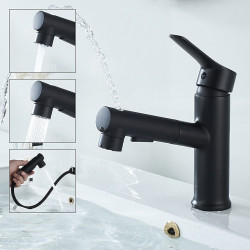 Robinet d'évier de salle de bain avec fonction extractible/spray, finitions galvanisées/peintes, ensemble central mitigeur à un trou pour robinets de bain