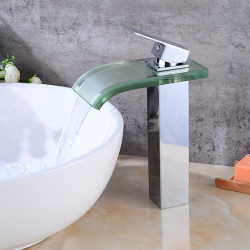 Robinet cascade chromé avec verre pour lavabo, mitigeur monocommande pour lavabos