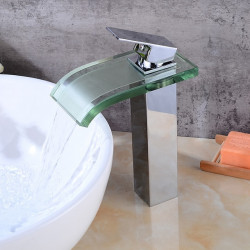 Robinet cascade chromé avec verre pour lavabo, mitigeur monocommande pour lavabos